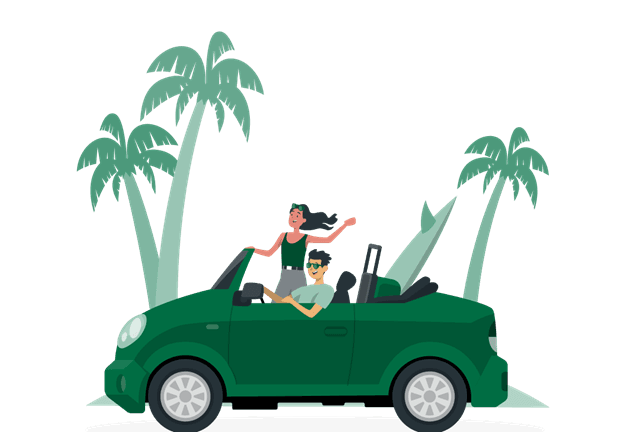 dos personas en auto con palmeras